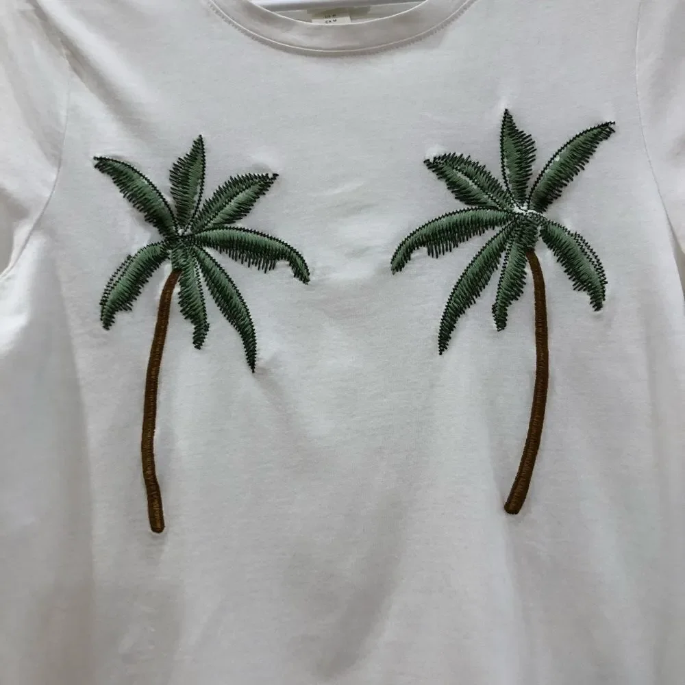 White Tee, Palm Trees, H&M, Size M